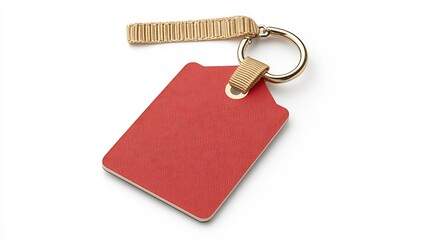 Fototapete - Elegant square shaped tag with rounded edges in a premium red and gold color scheme featuring a matte surface and a durable strap for secure attachment isolated on a clean white background