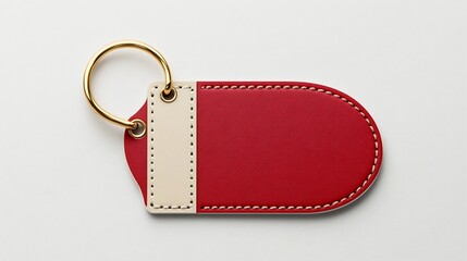 Poster - Elegant and sophisticated oval shaped tag with a matte red and gold metallic finish featuring a reinforced loop for attaching to various items  Placed against a clean white background