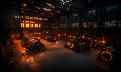 Poster - A dimly lit industrial space featuring large machinery and glowing lights, evoking a sense of mystery and historical significance.