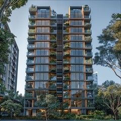 Leinwandbilder - The exterior front elevation of an apartment building in a modern style, with high floor heights and multiple balconies, A modern architectural design and trees behind it.