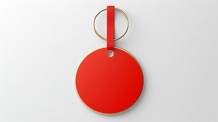 Poster - Vibrant red circular tag with secure strap smooth texture and gold metallic edges ideal for gift labeling and packaging set against a clean white background