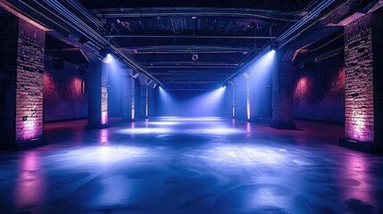 Aufkleber - An empty, dark, underground techno club with slight white lights.