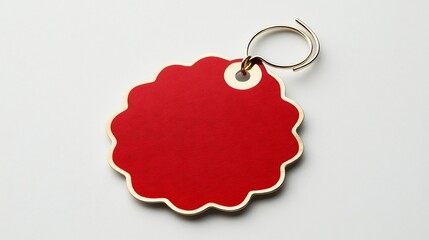 Fototapete - Glossy Circular Red and Gold Tag with Scalloped Edge and Secure Loop Isolated on White Background  Elegant Decorative Label Symbol or Insignia Design Element