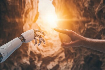 Poster - A human hand extends towards a robotic hand, both poised to touch in a cave, with warm light creating a sense of connection. Generative AI