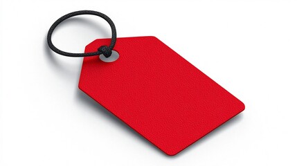 Poster - Sleek and Elegant Art of a Red Price Tag with a Black Strap Punched Through a Hole at the Corner Featuring a Rounded Edge Design on a Clean White Background Perfect for Labeling Branding