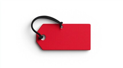 Poster - of a red rectangular tag with a smooth surface and a black strap through a hole in one corner rounded corners on one side ideal for price tags or product labels isolated on a white background