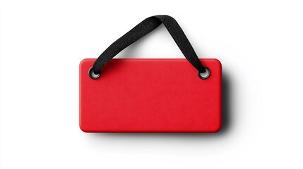 Poster - Minimalist Red Rectangle Tag with Curved Corner and Black Strap   Smooth Finish Suitable for Use as a Price Tag or Retail Identification in Art on White Background