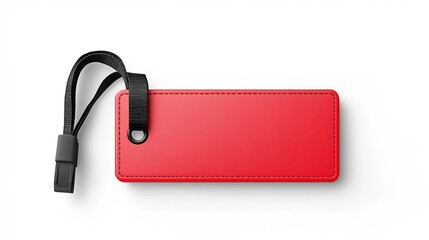 Poster - Smooth minimalist red rectangle tag with a single rounded corner and a black strap passing through a hole  This graphic design element is perfect for product pricing labeling