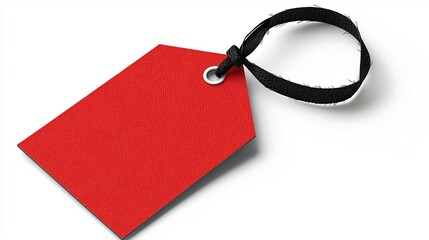 Poster - of a red tag with rounded edges on one side and a black strap through a hole in the corner designed for product descriptions pricing or other commercial use isolated on a clean white background
