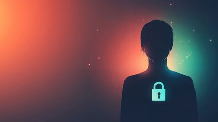 Fototapete - A person’s silhouette stands out against a vibrant digital backdrop featuring a lock symbol, symbolizing privacy in technology. Generative AI