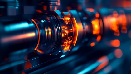 Fototapete - A close-up of a futuristic metallic component with glowing orange accents, showcasing intricate details and advanced technology.