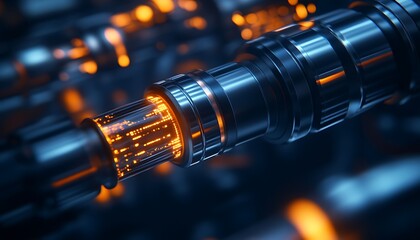 Fototapete - A close-up of a futuristic, metallic component featuring glowing lights, emphasizing intricate mechanical details and modern technology.