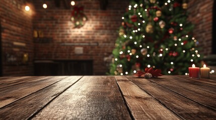 Poster - A wooden table with a Christmas tree in the background