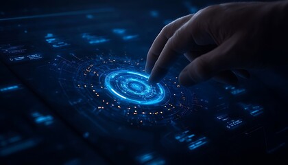 Aufkleber - A hand hovers over a glowing, circular interface, showcasing a futuristic digital design with blue lights and intricate patterns.