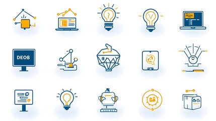 Fototapete - Comprehensive set of outline icons representing various tools processes and solutions for DevOps automation and infrastructure management  The icons feature a clean minimalist