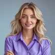 © visoot - A beautiful blond tour guide, she professional and dressed in purple, with a pleasant smile and welcoming appearance.