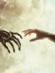 Poster - A robotic hand reaches out to touch a human hand, symbolizing the connection and collaboration between humans and technology. Generative AI