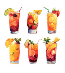 Wall Mural - Mango cocktails cartoon vector set. Tubes glass ice cubes strawberry orange slices lime tropical fresh drink, summer natural cooled cold beverages isolated illustration on white background