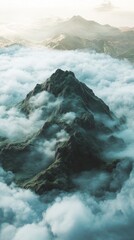 Poster - A mountain covered in clouds with a foggy atmosphere