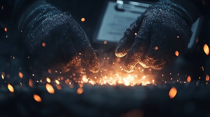Aufkleber - A close-up of gloved hands manipulating glowing sparks, showcasing craftsmanship and the beauty of metalworking.