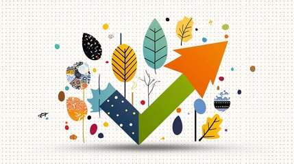 Poster - Vibrant and Cheerful Upward Arrow Graphic Surrounded by Lively Leaves in Shades of Green Yellow Orange and Blue Accented with Festive Patterns and Splashes of Color on a Dotted Background