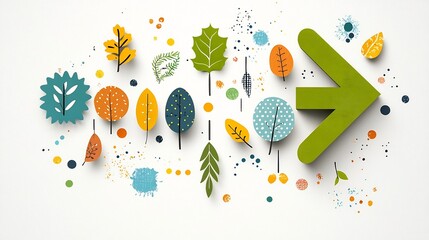 Poster - Upward Arrow Graphic with Festive Natural Including Leaves and Colorful Patterns in Green Yellow Orange and Blue Set on a Lively Background with Paint Splatters and Dots for a Vibe
