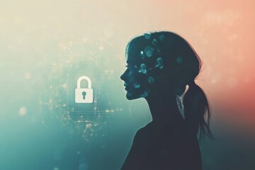 Leinwandbilder - A person’s silhouette is set against a digital background showcasing a lock symbol, highlighting the importance of privacy in AI technology. Generative AI