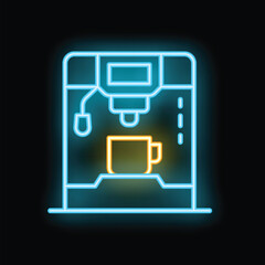 Wall Mural - Neon glowing icon of coffee machine preparing a cup of coffee, isolated on a black background