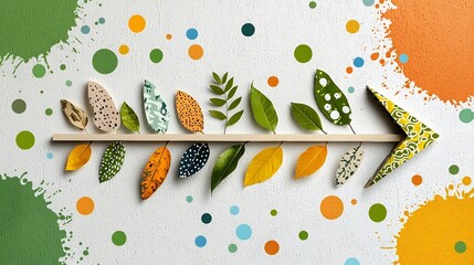 Poster - Festive upward arrow graphic design with leaves colorful patterns and paint splatters on a lively background creating a celebratory vibe