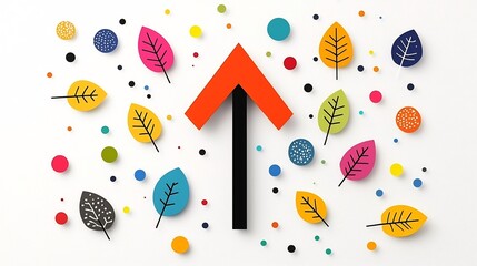 Poster - Vibrant upward arrow surrounded by a festive display of colorful leaves and natural elements against a dynamic background of scattered digital dots and paint splashes symbolizing growth joy