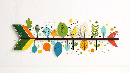 Poster - Upward pointing arrow with lively nature motifs including multicolored leaves in green yellow orange and blue