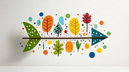 Poster - Upward pointing arrow design featuring a lively nature inspired motif with multicolored leaves in green yellow orange and blue enhanced by a festive background of splashes and dots for a celebratory