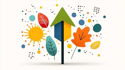Poster - of a vibrant upward arrow design with a colorful leaf motif surrounded by abstract splashes and a dotted background representing positive energy