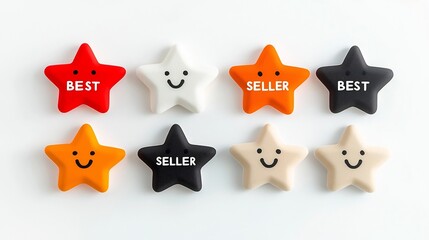 Fototapete - 8 Pointed Star Shaped Badges Labeled  BEST SELLER  in Bold White Font Featuring Three Distinct Color Backgrounds Red Orange and Black Arranged on a Clean and Minimalist White Background