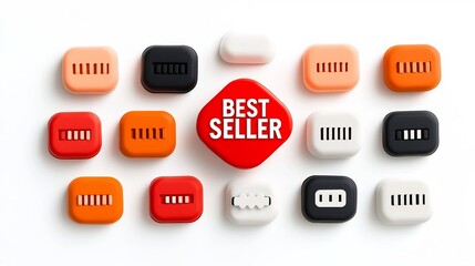 Poster - Collection of eight pointed  BEST SELLER  badge stickers in bold red orange and black colors with minimal white text design for use in commercial branding and marketing applications