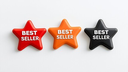 Poster - Graphic of three distinctive  Best Seller  star badges in a bold eight pointed shape each showcased in a vivid red orange and black color scheme with a crisp white text overlay