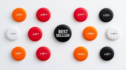 Poster - Sleek and Minimalist Collection of Eight Pointed Best Seller Badges in Red Orange and Black with Bold White Text Centered on a Clean White Background for a Premium and Exclusive Look