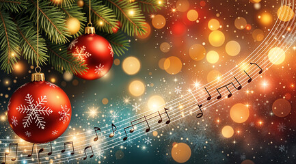 Poster - Christmas background with notes and balls. Generative AI
