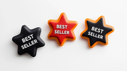 Poster - Vibrant Multi Colored Best Seller Star Badges with Prominent White Text Displayed on Plain White Background Symbolizing Success Achievement and Retail Promotion