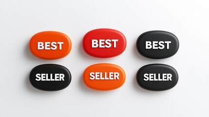 Poster - Set of elegant graphic icons featuring eight pointed BEST SELLER labels in vibrant red orange and black colors with bold white text for clear readability designed for ecommerce retail