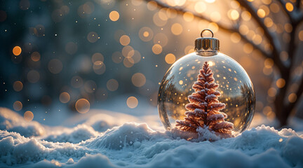 Poster - Christmas tree in glass ball, winter forest. Generative AI