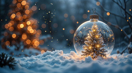 Poster - Christmas tree in glass ball, winter forest. Generative AI