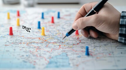 Poster - Close up view of a detailed map with red blue and yellow markers