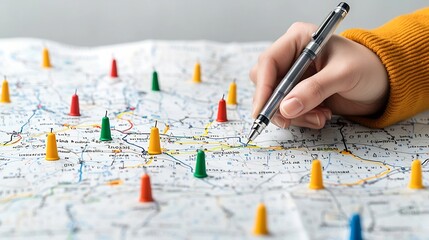 Poster - Hand poised with a pen near color coded markers on a map illustrating the process of route planning and location identification for strategic travel navigation