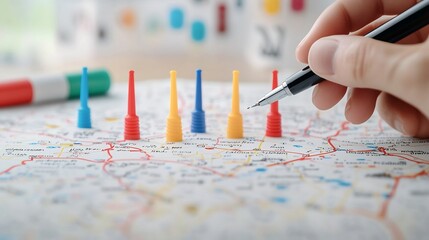 Poster - Close up perspective of a detailed map with red blue and yellow marker pins suggesting travel planning location pinpointing and route discovery  A hand is holding a pen