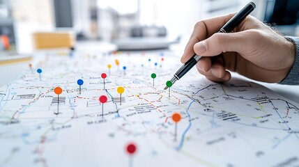 Poster - Close up of a hand poised with a pen near color coded markers on a map illustrating the process of route planning and location identification for various business travel or analytical purposes