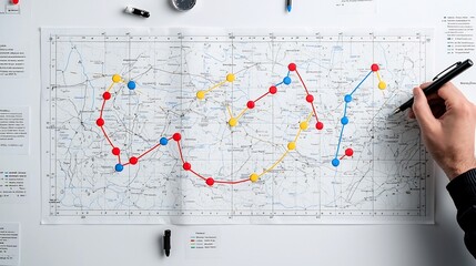 Aufkleber - Detailed geographic map with red blue and yellow markers along with a hand holding a pen nearby indicating active navigation route planning and data analysis for strategic decision making and