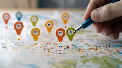 Aufkleber - Colorful location markers on a digital map with a hand using a pen symbolizing personalized navigation and travel route setting for journey planning