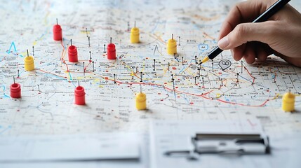 Aufkleber - Detailed vibrant map with red blue and yellow markers showcasing navigation engagement and route customization tools with a hand holding a pen for interactive planning and data analysis
