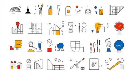 Poster - depicting a set of art themed web icons in a clean minimalist line style  The icons represent various creative and cultural concepts such as architecture museums and expression